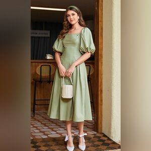 Green Puff Sleeve square neck/Flower Pleated Sundress for Weddings